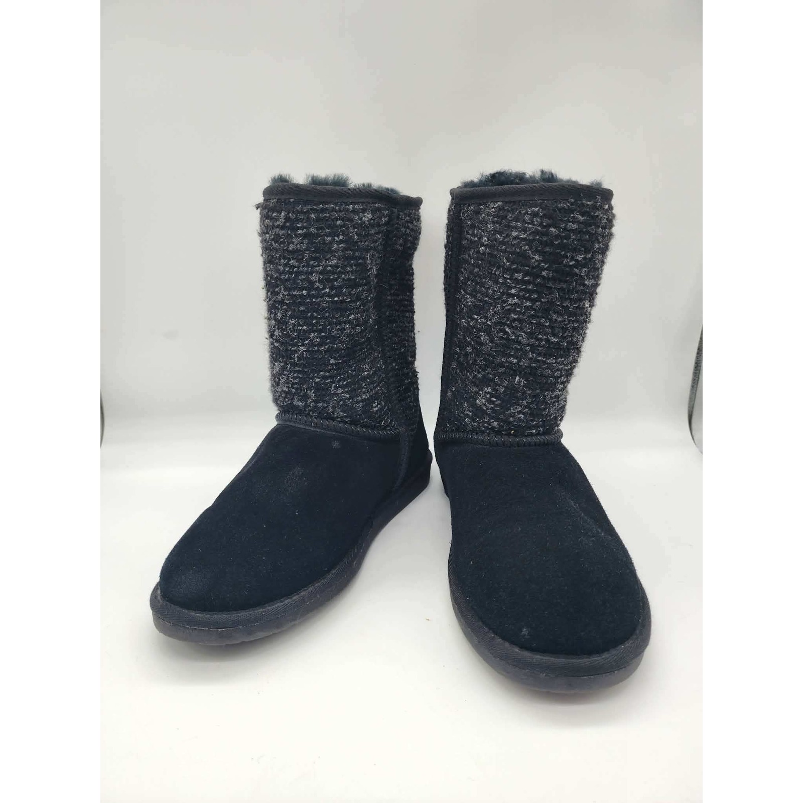 Minnetonka Womens Black Suede Knit Mid Calf Winter Boots Faux Fur Lined Pull On